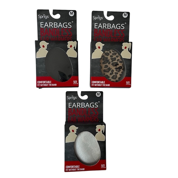 New Sprigs Earbags Bandless Ear Warmers Set of 3 Black Creme Leopard Size Medium - Picture 1 of 8